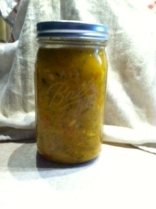 onions, cucumbers, peppers, and tomatoes fresh from the garden, mixed with vinegar, spices, sugar, and prepared mustard. Yummy!